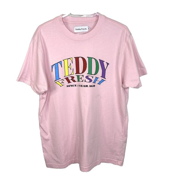 Teddy Fresh T-Shirt Size Medium Since 1 Year Ago Pink Short Sleeve Tee - Picture 1 of 4